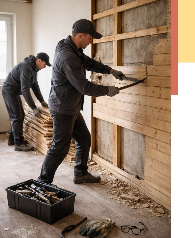 Демонтаж вагонки в Новотроицке от 3978 руб/м2 — быстро и недорого | ОТДЕЛОЧНИК-Нвт