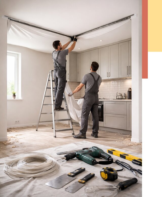 Установка натяжного потолка на кухне в Новотроицке от 2512 руб. | ОТДЕЛОЧНИК-Нвт