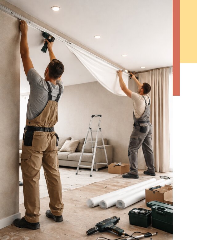 Монтаж натяжного потолка в гостиной в Новотроицке от 576 руб. | ОТДЕЛОЧНИК-Нвт