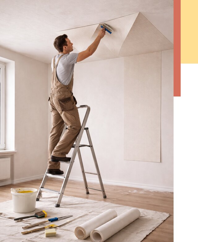 Поклейка обоев на потолок в Новотроицке от 4711 руб. быстро и недорого | ОТДЕЛОЧНИК-Нвт